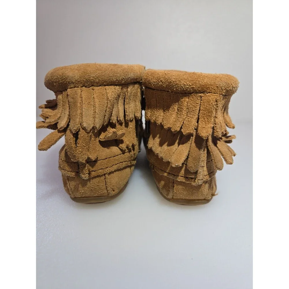 Minnetonka Kids Size 5 Double Fringe Moccasins Bootie Brown Leather Side Zipper